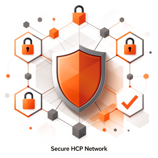 Secure HCP Network illustration showing shield protection with connected locks and verification